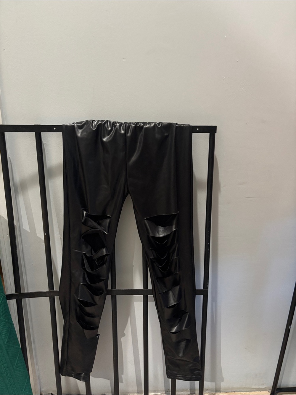 Black Faux Leather Kids Leggings with Cutout Detail